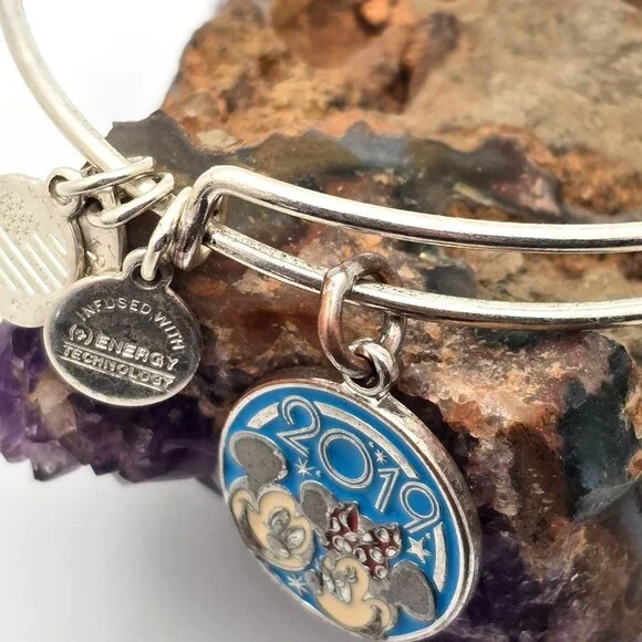 Disney Alex And Ani 2019 Minnie & Mickey Mouse Silver Charm Bangle Bracelet - Picture 3 of 5